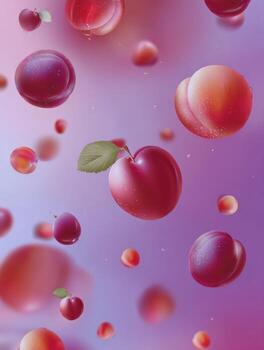 Hovering Plums in a Luminous Gradient Background Create a Stunning Visual Effect With Soft, Glowing Orbs of Fruit Floating Elegantly photo