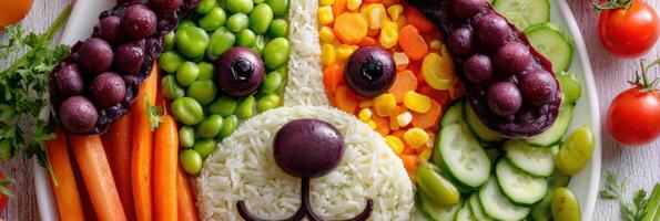 Creative Vegetable Arrangement Forming a Playful Dog Face in a Bowl With Colorful Ingredients photo