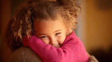 Child Embraces Loving Parent With Glowing Aura Around Hands in Warm Setting photo