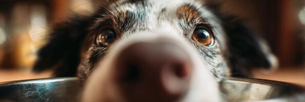 Zoomed-in Dog Snout Eagerly Reaching Food Bowl With Blurred Background Highlighting Pets Expression and Excitement photo