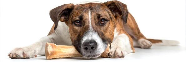 Dog Enjoys Chewing a Bone on a Clean White Background, Showcasing Playful and Relaxed Demeanor While Waiting for Interaction photo