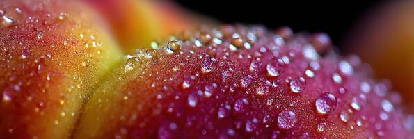 Close-up of Peach Fuzz Covered in Water Droplets Showcasing Vibrant Hues and Intricate Textures photo