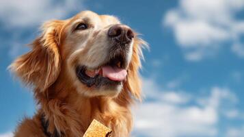 Golden Retriever Enjoys Treats Under a Blue Sky With Fluffy Clouds in the Background, Creating a Joyful and Playful Atmosphere photo