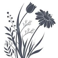 Dark silhouette of a tulip and daisy with delicate greenery vector