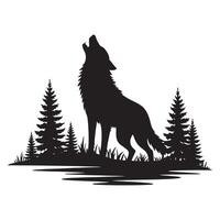 Black silhouette of a wolf howling among pine trees and grass black and white vector