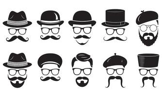 Vintage Hipster Faces with Hats, Glasses, and Mustaches Silhouette Set vector