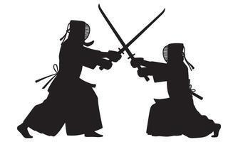 Two Kendo Fighters Silhouetted Battling with Bamboo Swords martial arts sword fighting vector