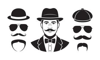 Black silhouette gentleman portrait with hats sunglasses mustaches and bow tie white vector