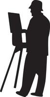 Silhouette of Male Painting at Canvas. Isolated on White Background. vector