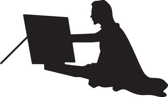 Silhouette of Woman Painting at Easel. Flat Illustration. vector