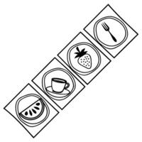 Hand drawn food and drink icons on square plates vector