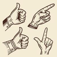 Vintage hand gestures thumbs up pointing and victory signs vector