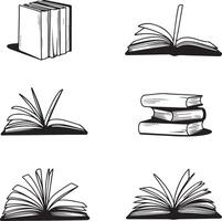 Set of Hand-Drawn Book Stack and Open Book Icons with Classic and Quill Elements vector