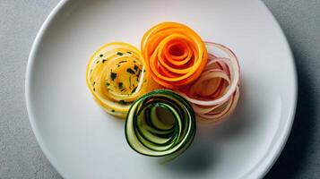 Colorful Veggie Spirals Create a Vibrant Dish Served on a Clean White Plate With Minimal Presentation photo