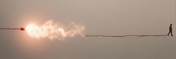 Burning Fuse Leads to Human Silhouette on Soft Neutral Background, Symbolizing Tension and Anticipation in a Moment of Choice photo