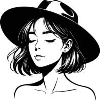 Black and white illustration of a woman wearing a wide-brimmed hat with eyes closed vector
