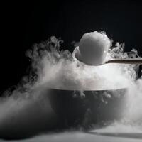 Dry Ice Smoke Effect In A Bowl With Spoon Holding Ice Ball. photo