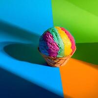 Colorful Ice Cream Cone on a Vibrant Geometric Background. photo