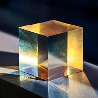 Crystal Cube Reflecting Golden Light and Shadows with Textured Surface. photo