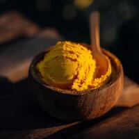 Delicious Golden Ice Cream in a Rustic Wooden Bowl. photo