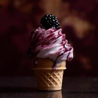 Refreshing Blackberry Swirl Soft Serve Ice Cream Cone Delight. photo