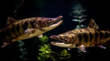 Fierce Predators Close Up Two Tigerfish Teeth Bared Underwater. photo