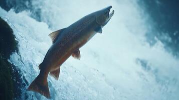 Majestic Salmon Leaping Upward Against A Rushing Waterfall Current. photo