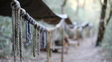 Rustic camp shelters with thick rope accents in a forest setting. photo