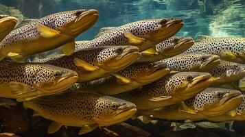 A School of Brown Trout Swims Together in Clear Water. photo