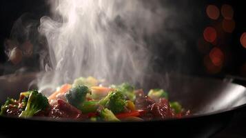 Steaming Stir Fry with Fresh Vegetables and Savory Meat. photo
