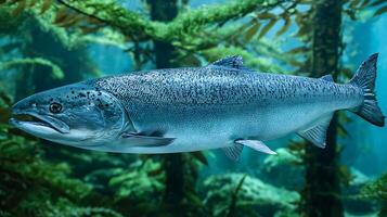 Majestic Salmon Swims Through Kelp Forest in Clear Blue Water. photo