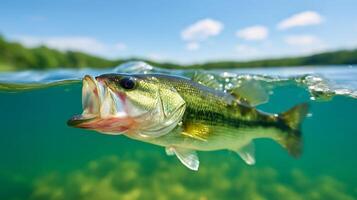 Close Up Of A Bass Fish Swimming Near The Surface Of A Lake. photo