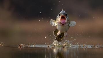 Aggressive Bass Jumps From Water With Open Mouth Ready to Strike. photo