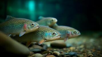 Close up of Rainbow Trout Swimming in a Riverbed Habitat. photo
