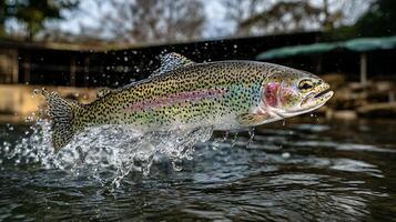 Dynamic Rainbow Trout Leaps from Water in Motion Splash Photography. photo