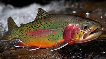 Vibrant Trout Emerging from a Crystal Clear Mountain Stream. photo