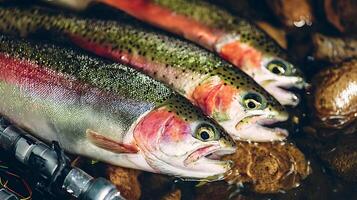 Three Fresh Rainbow Trout Ready for a Meal in Clear Water. photo