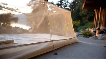 Cozy Camping Tent with Warm Sunset Light Filtered Through Mesh. photo