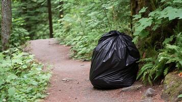Black trash bag left abandoned on a forest trail. photo