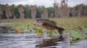 A Large Mouth Bass Jumps From the Water in a Beautiful Natural Setting. photo