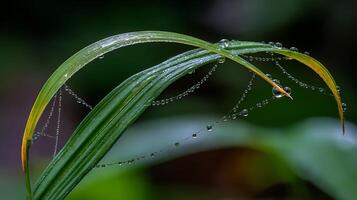 Delicate Spiderweb Adorned with Dewdrops on Green Leaves. photo
