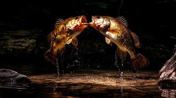 Dynamic Duo Two Bass Fish Leap and Splash in a Dramatic Encounter. photo