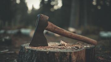 Axe Stuck in a Tree Stump in a Forest Setting. photo