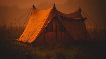 Orange Tent Stands in a Misty Field at Sunrise. photo