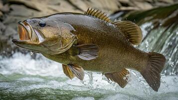Dynamic Smallmouth Bass Leaping Through Rushing River Waters. photo