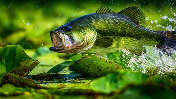 Large Mouth Bass Leaping Out Of Lily Pads With Spraying Water. photo