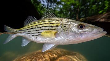 Striking Striped Fish Emerges from the Water's Surface in Nature. photo