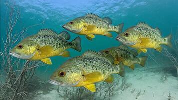 School of Grunts Swims Through Clear Underwater Environment. photo
