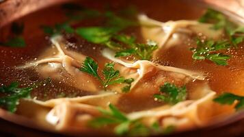 Delicious Close Up of Savory Broth Soup with Fresh Parsley. photo