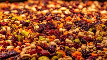 Close up of colorful dried fruit and nut mix for healthy snacking. photo